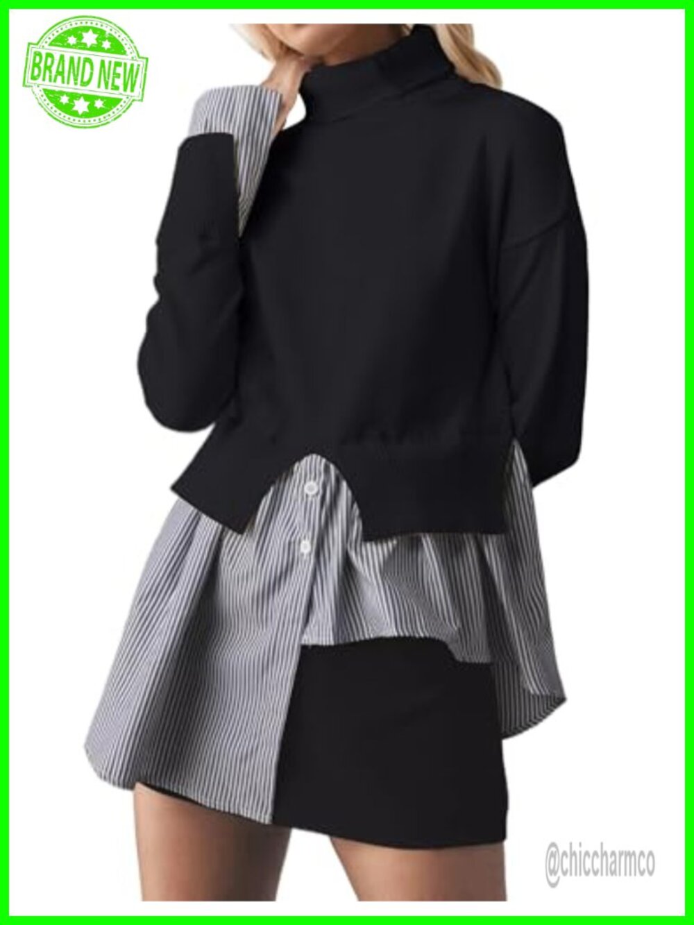 Loose Fit Turtleneck Patchwork Sweater with Asymmetrical Hem
